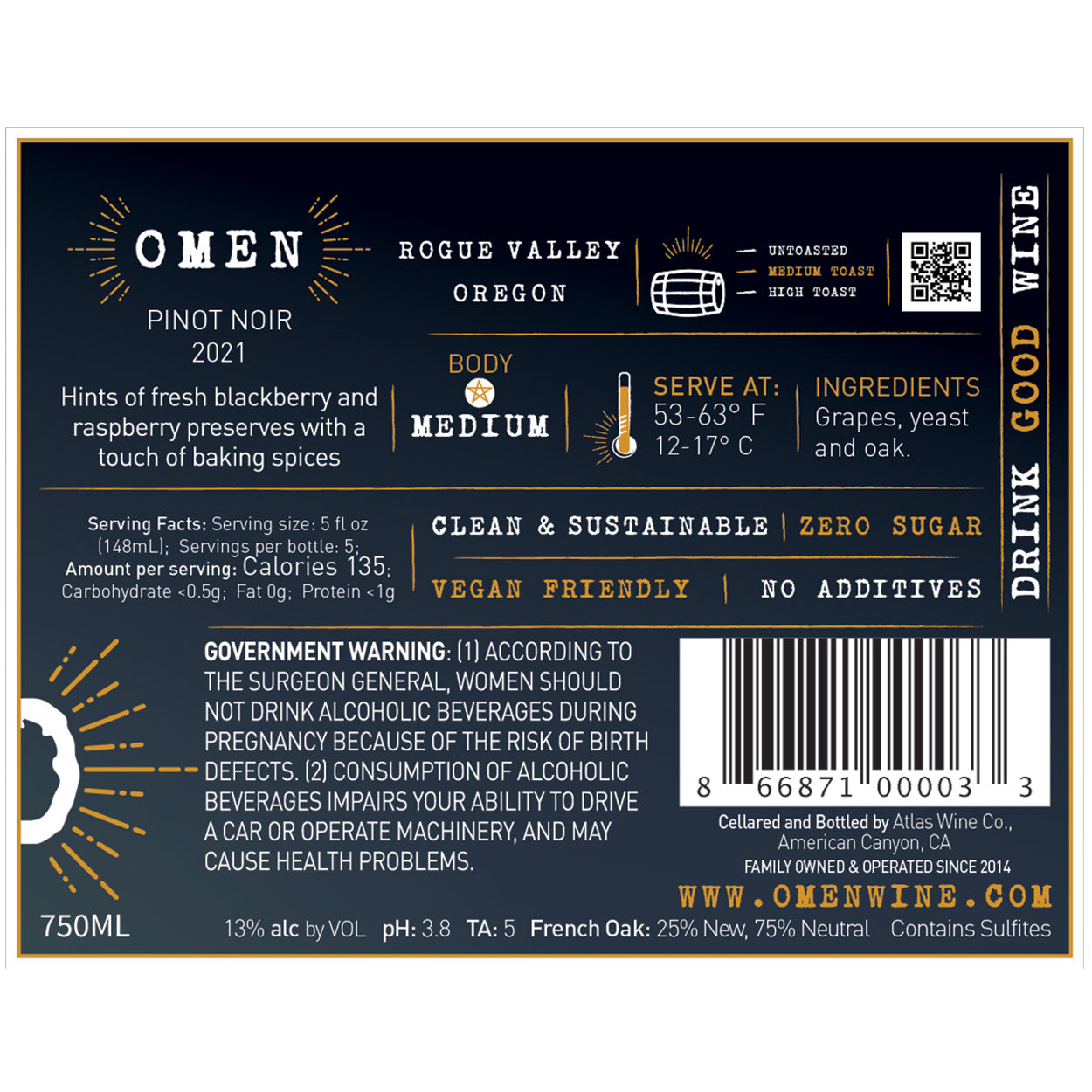 2021 Omen Oregon Pinot Noir Back Label