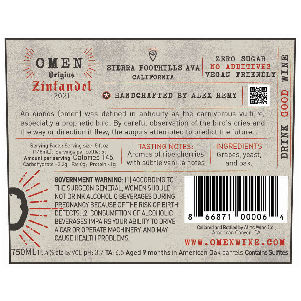 2021 Omen Origins Zinfandel Back Label