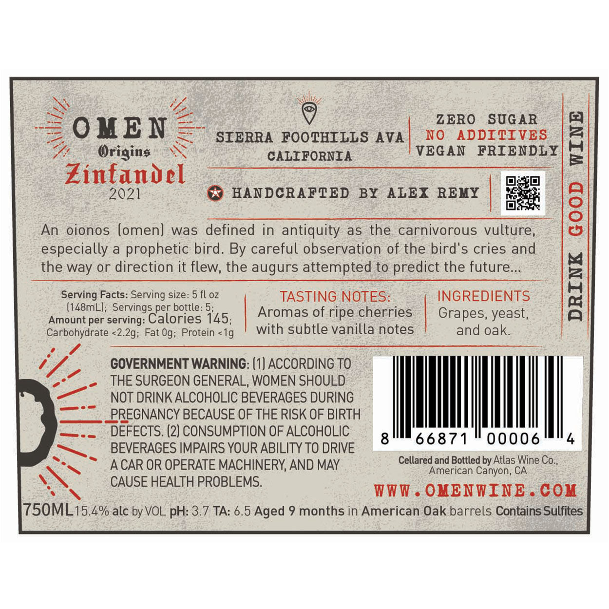 2021 Omen Origins Zinfandel Back Label