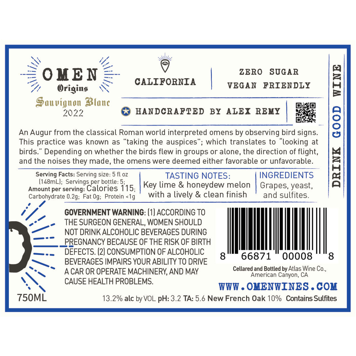 2022 Omen Sauvignon Blanc Back Label