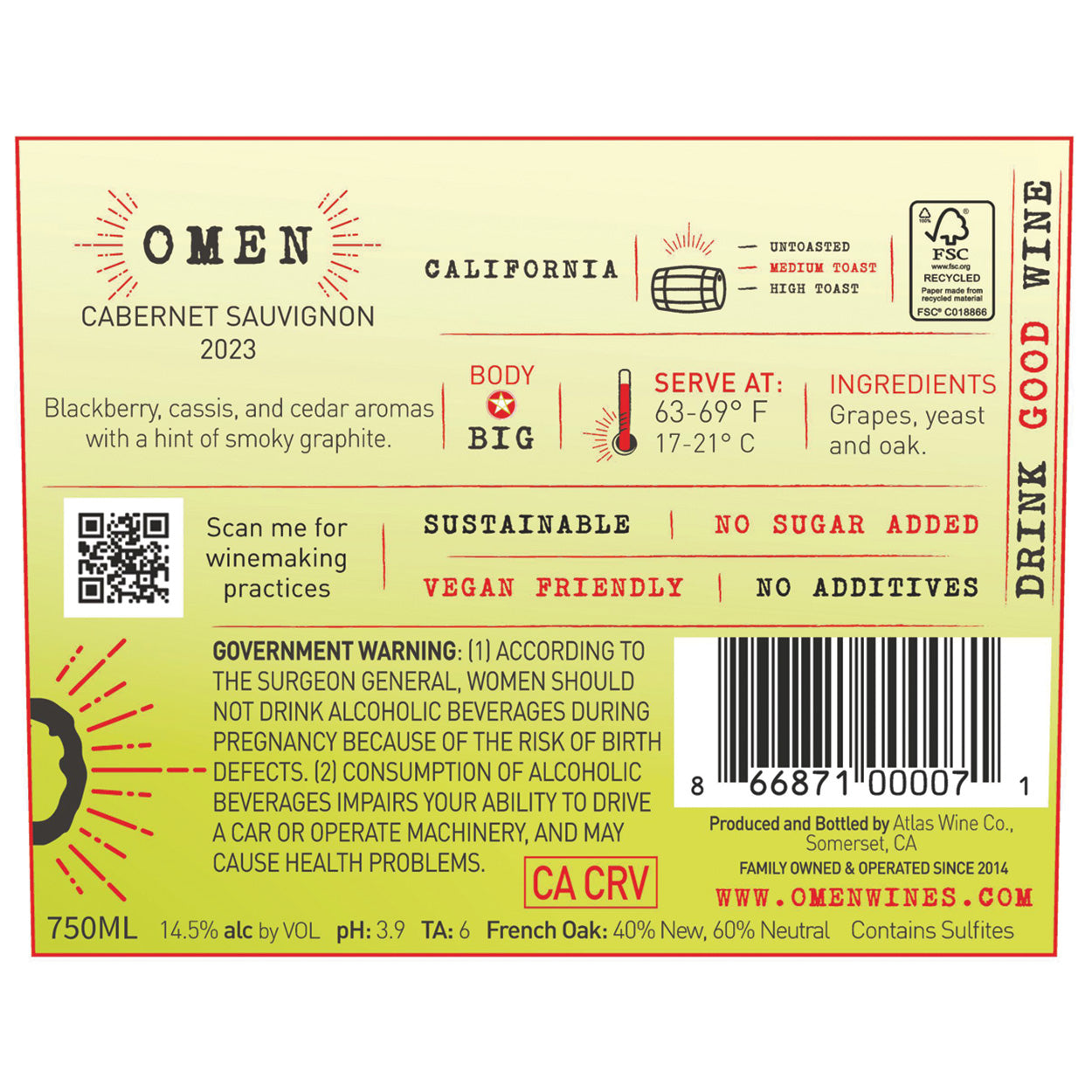 2023 Omen Cabernet Sauvignon Back Label