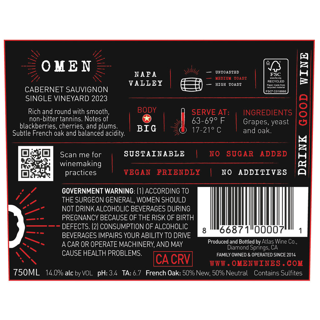 Omen 2023 Napa Valley Single Vineyard Cabernet Sauvignon Back Label