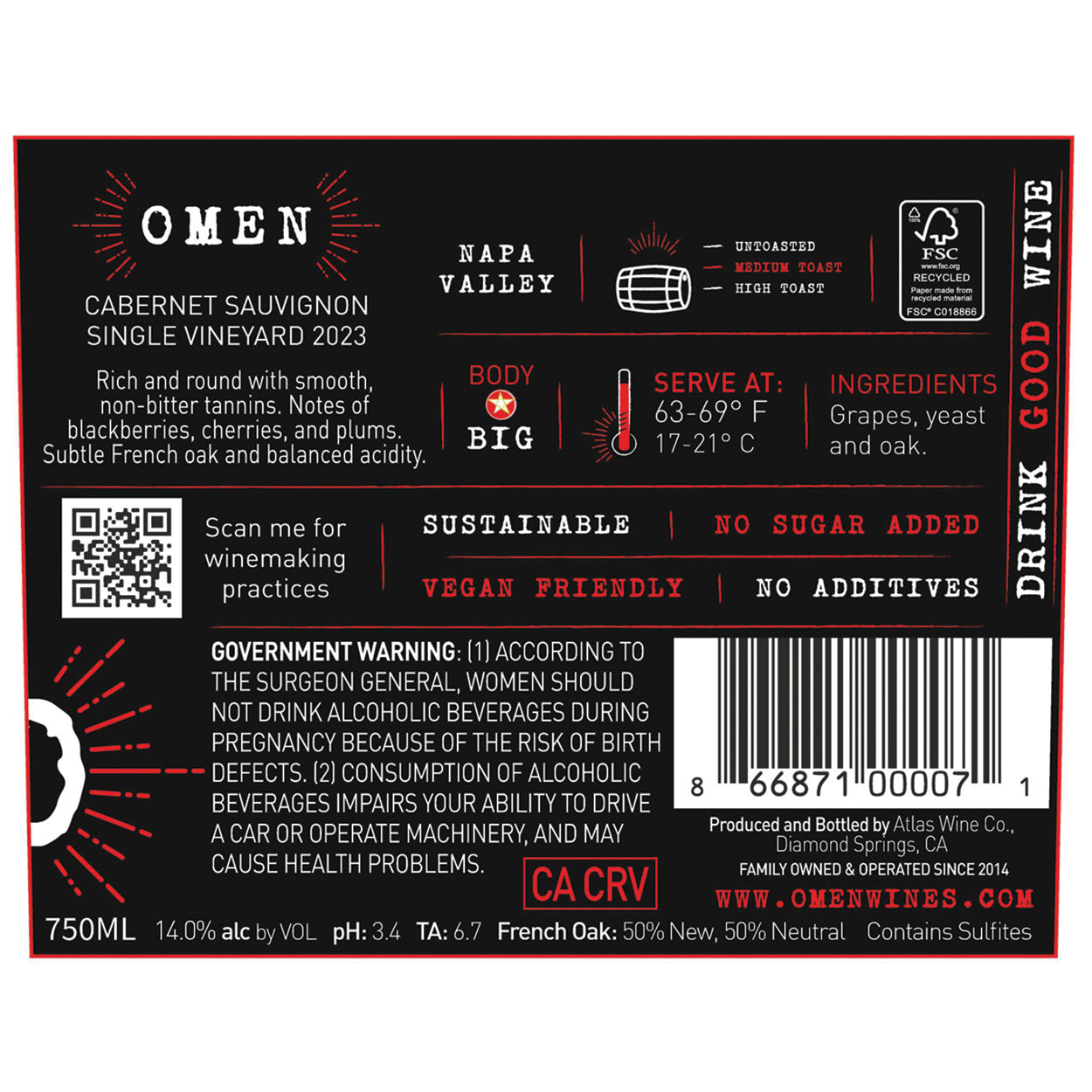 Omen 2023 Napa Valley Single Vineyard Cabernet Sauvignon Back Label