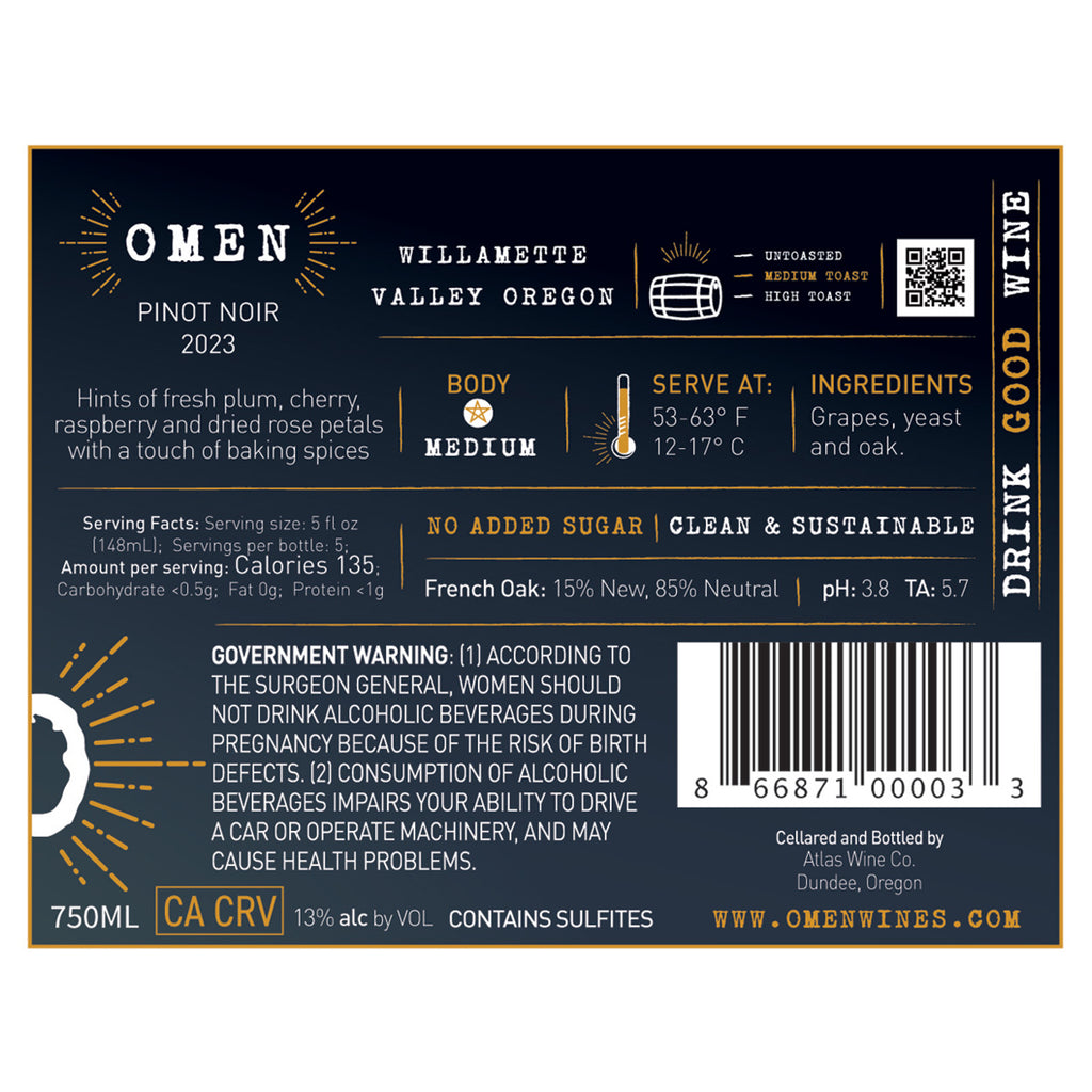 2023 Omen Willamette Valley Pinot Noir Back Label