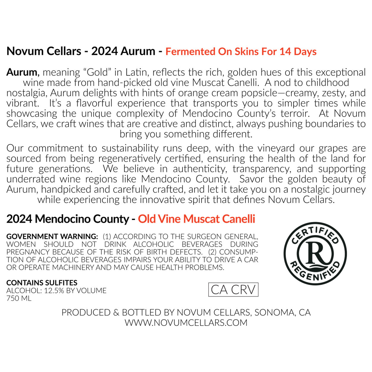 2024 Novum Cellars Aurum Skin Contact White Wine Muscat Back Label