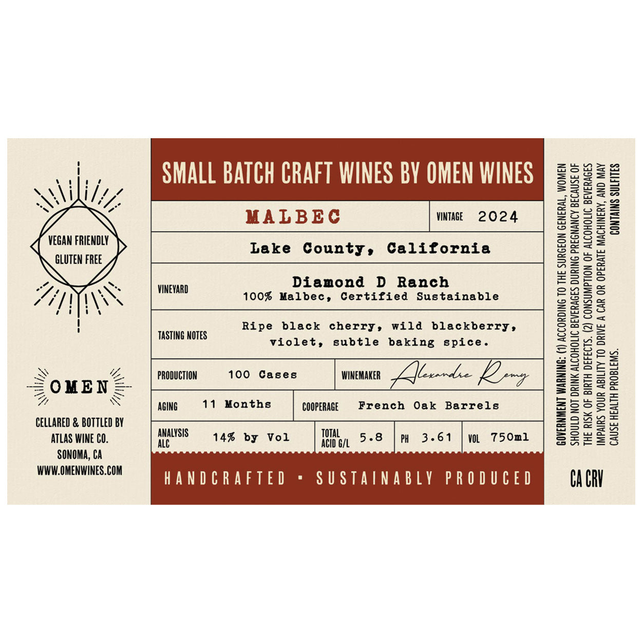 2024 Omen Craft Lake County Malbec Label