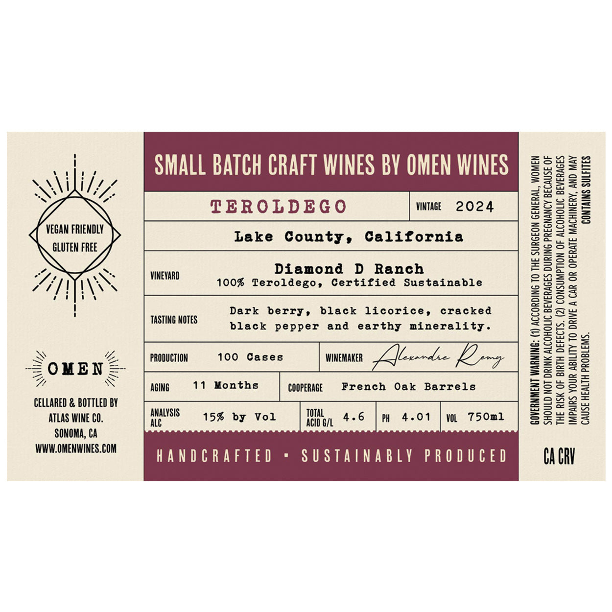 2024 Omen Craft Lake County Teroldego Label