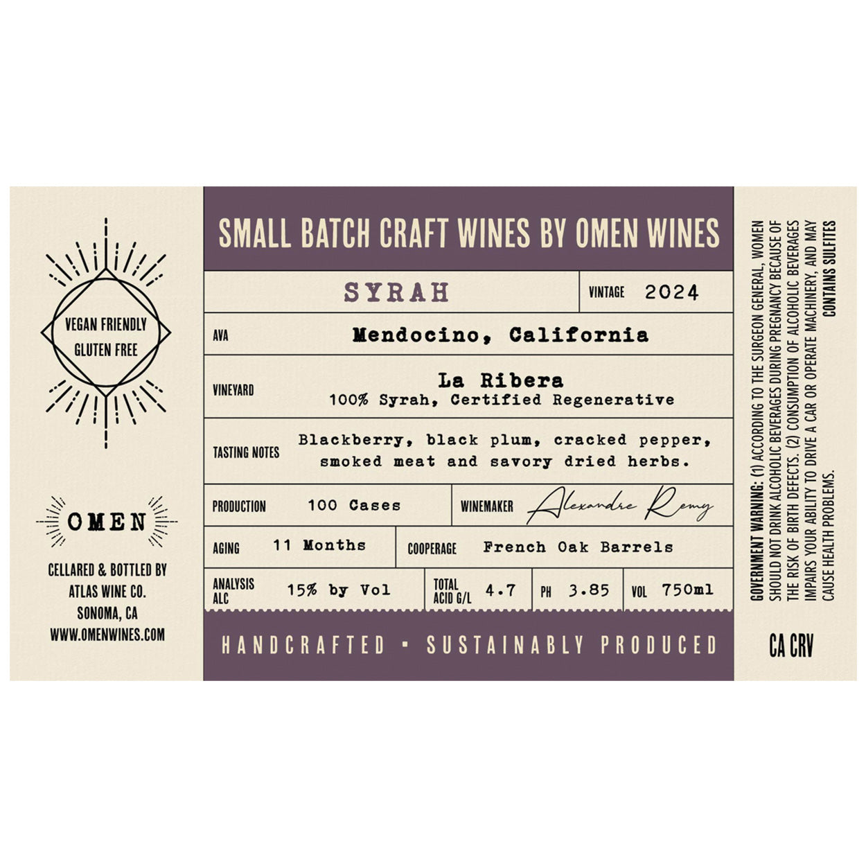 2024 Omen Craft Menocino Syrah Label