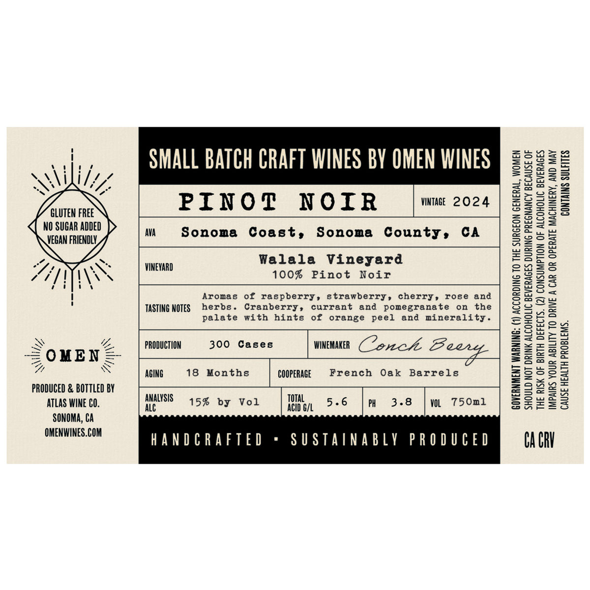 A wine label for Omen Wines Pinot Noir, vintage 2024, from Walala Vineyard, Sonoma Coast. The label features a black and beige design with detailed wine specifications, tasting notes, and production details.