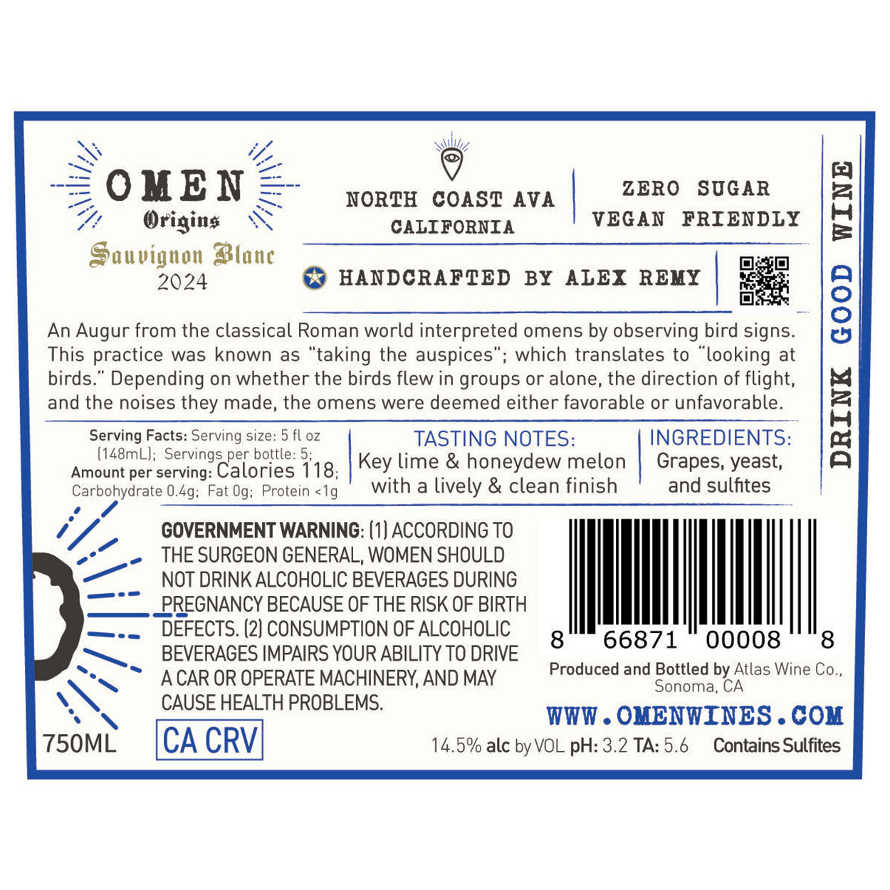 2024 Omen Origins Sauvignon Blanc Back Label