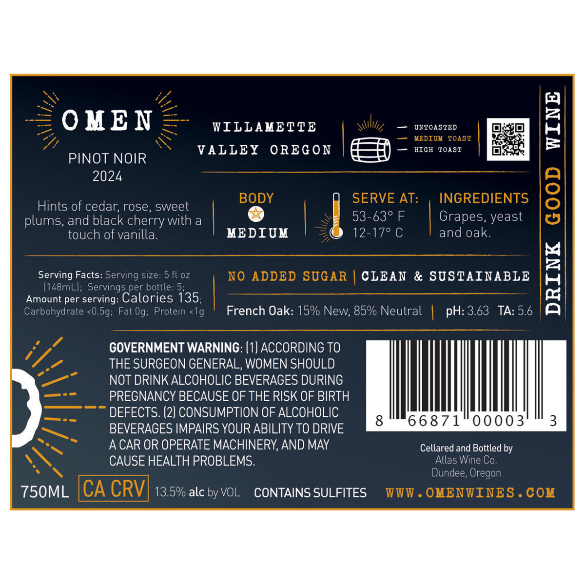 Omen 2024 Pinot Noir from the Willamette Valley's back label artwork.