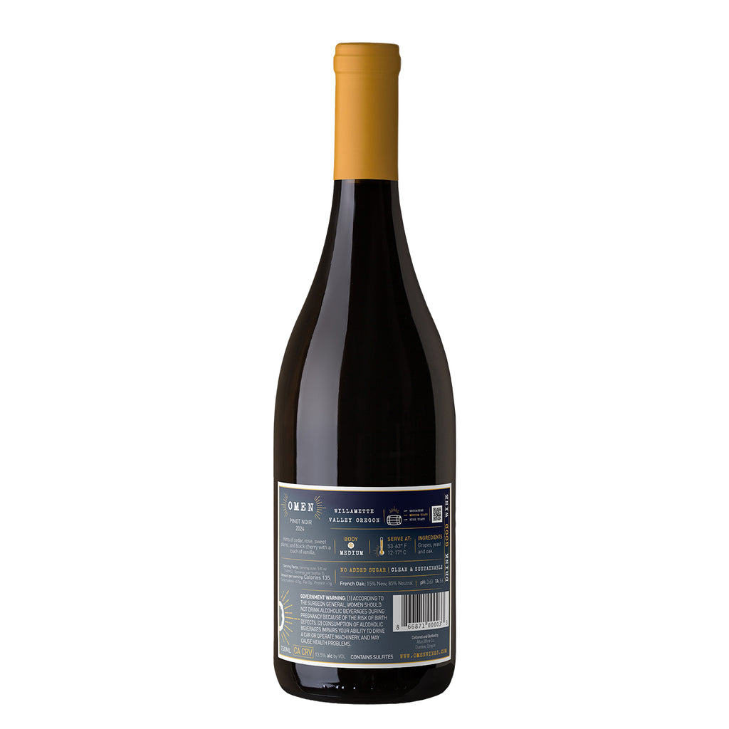 Bottle of Omen 2024 Pinot Noir from the Willamette Valley with the back label showing.