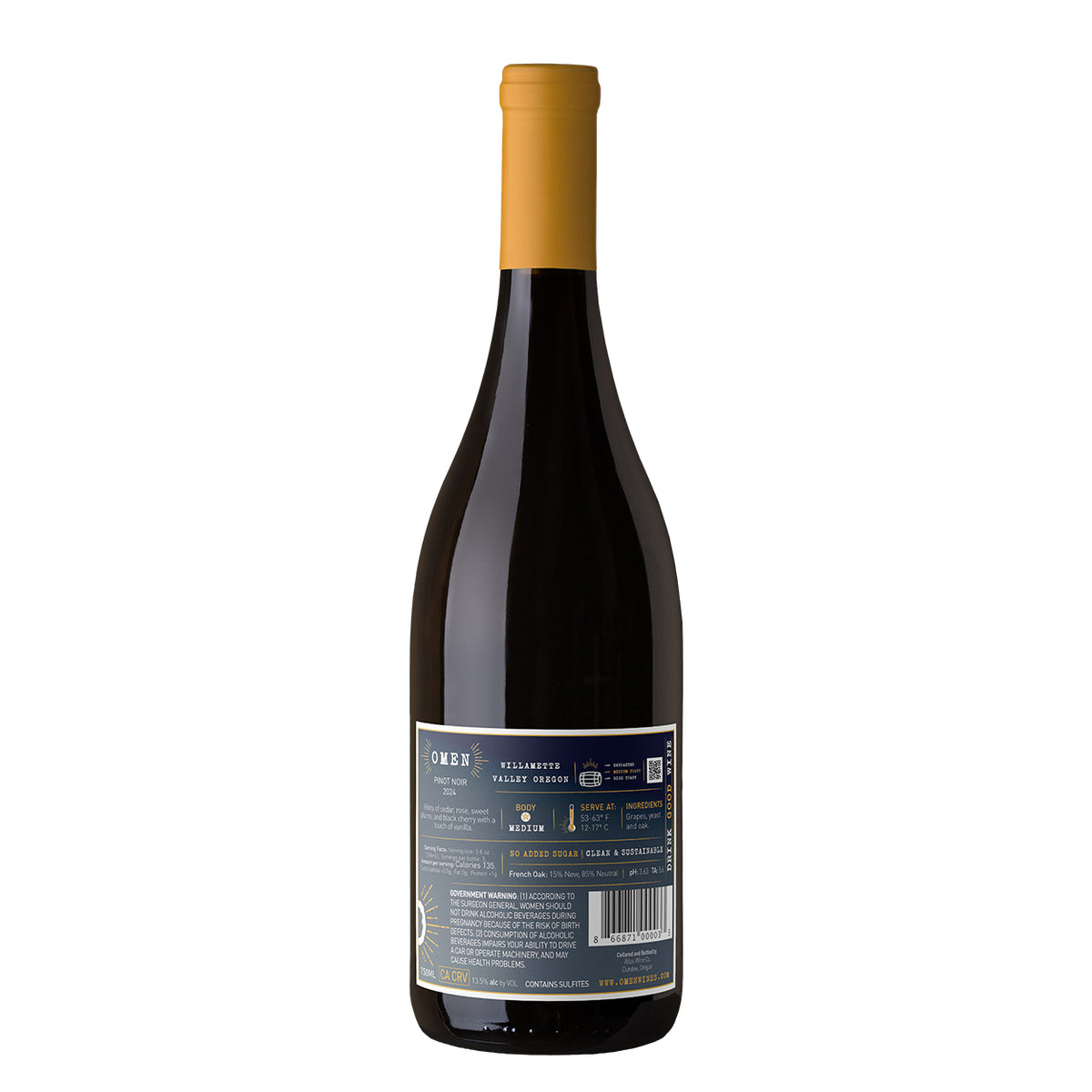 Bottle of Omen 2024 Pinot Noir from the Willamette Valley with the back label showing.
