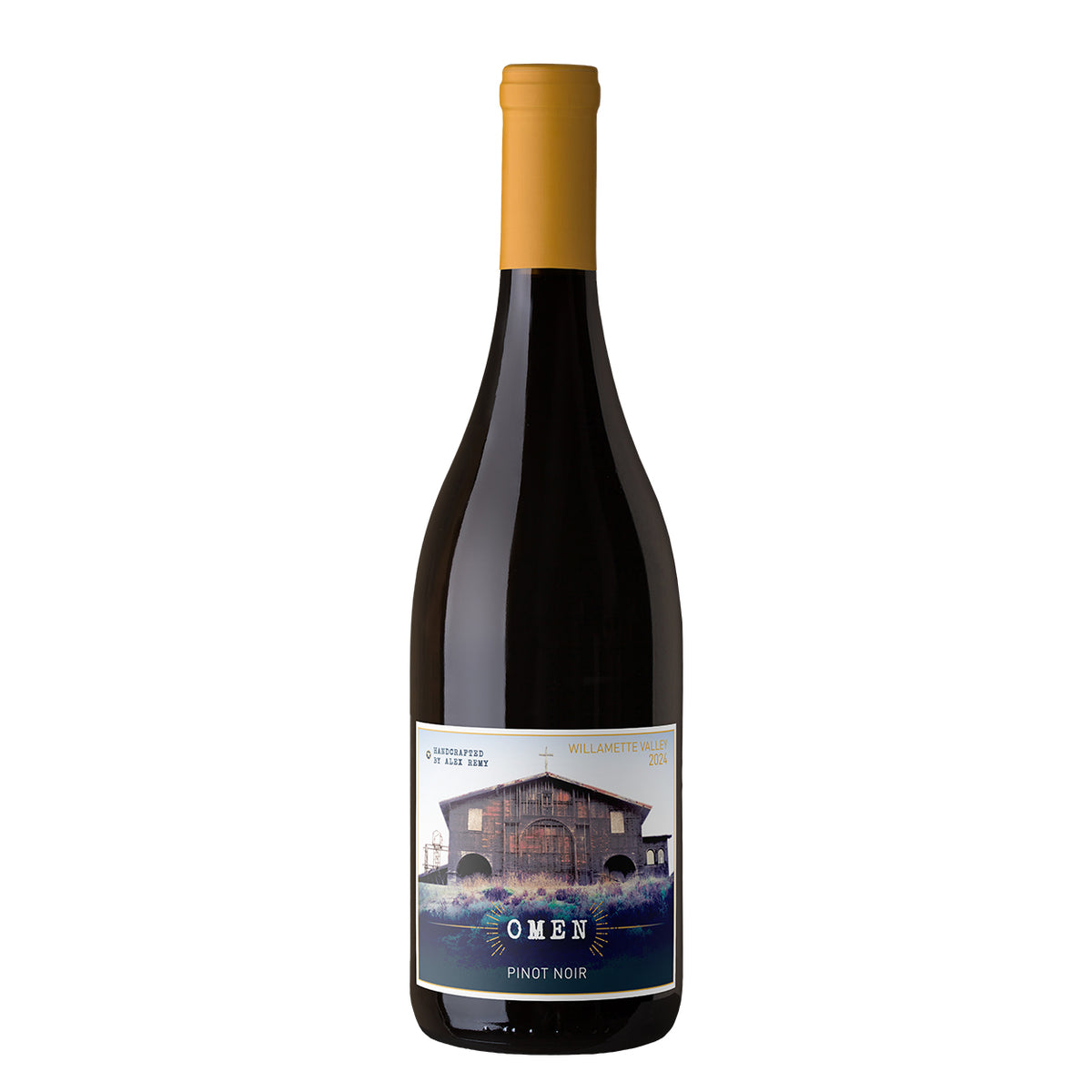 Bottle of Omen 2024 Pinot Noir from the Willamette Valley with the front label showing.