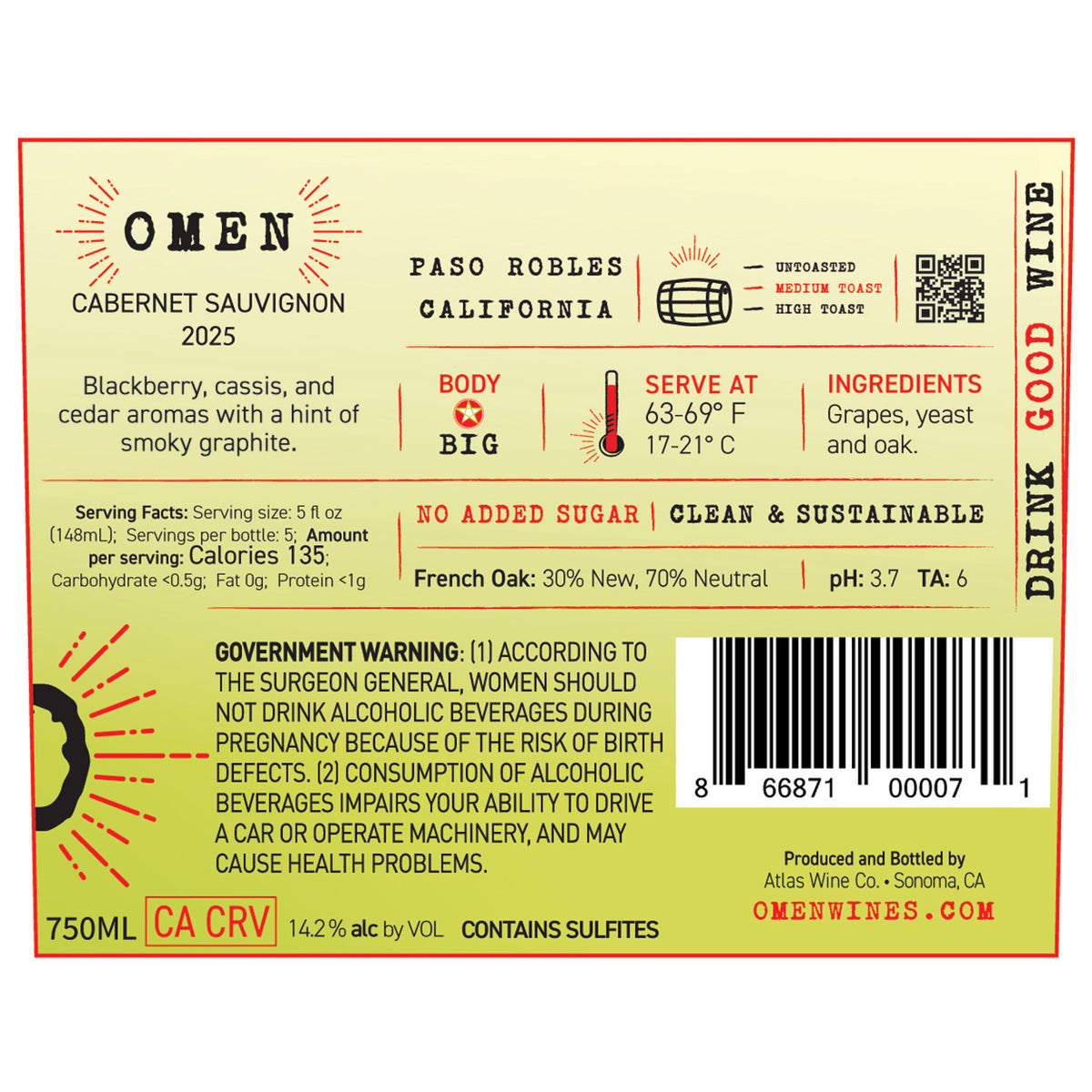 Omen 2025 Cabernet Sauvignon Paso Robles Label Back