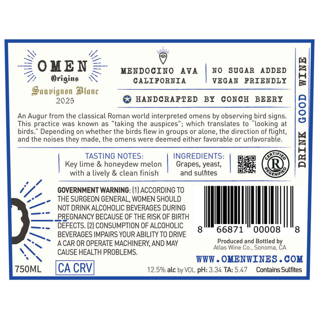 2025 Omen Origins Sauvignon Blanc Back Label
